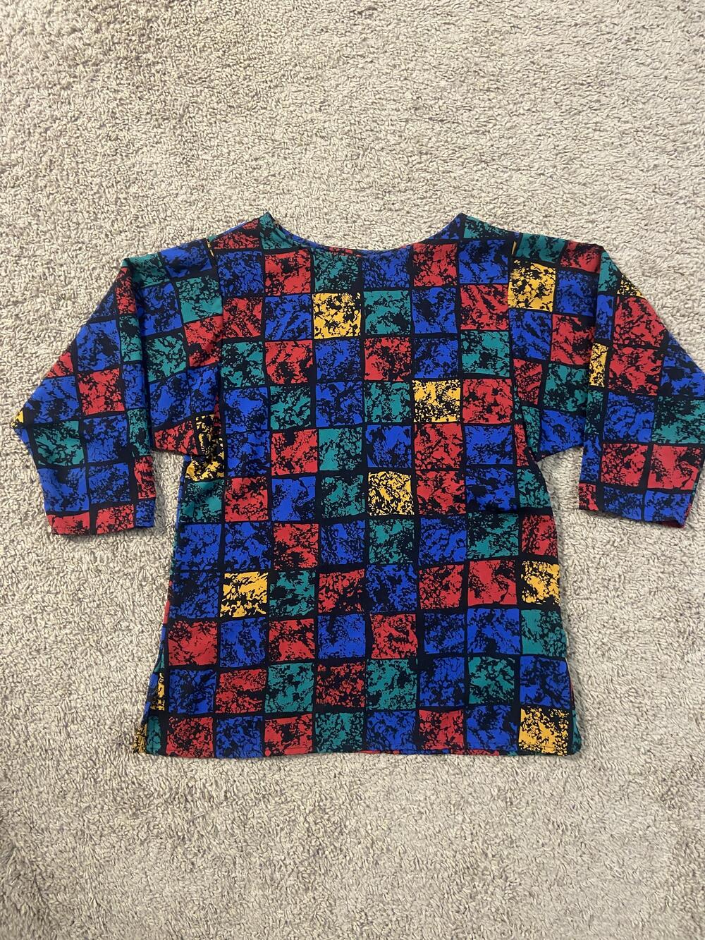 Vintage Tan Jay Shirt Womens Large Multicolor Abstract Geometric Boxy Top 80s